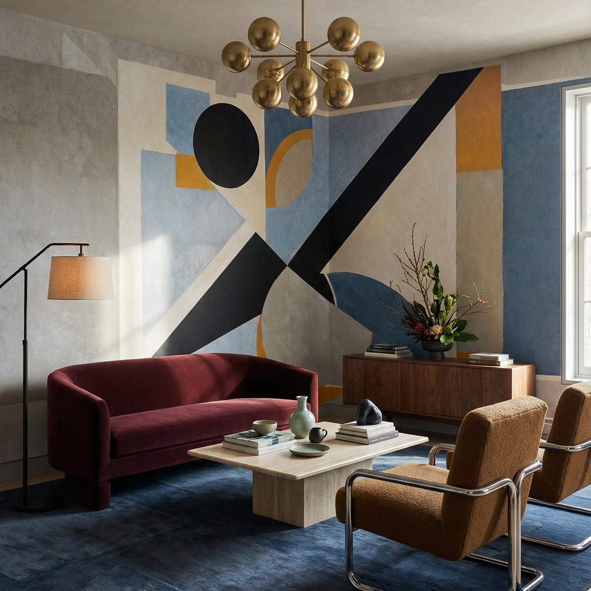 Avant Signal wallpaper mural shown in living room with burgundy sofa and brown armchair