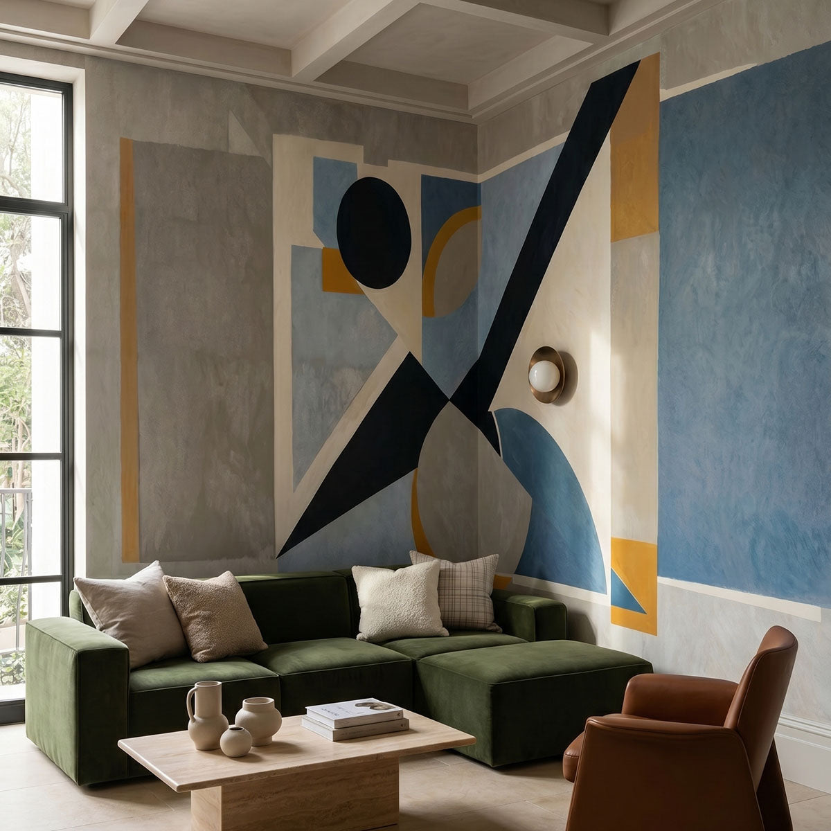 Avant Signal wallpaper mural shown in living room with green sofa and brown armchair