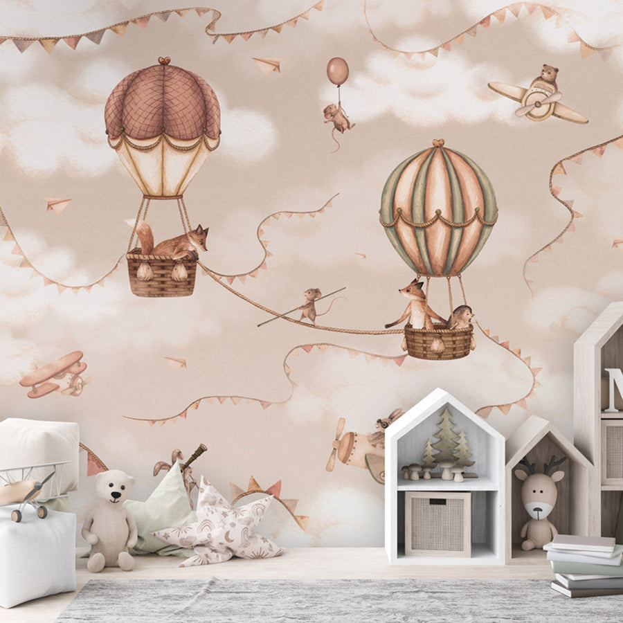 Aviation Adventure – Mono wallpaper mural shown in a children's bedroom house shelves