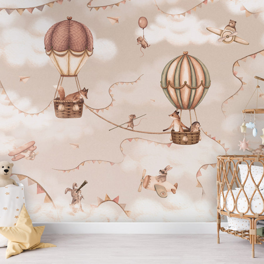 Aviation Adventure – Mono wallpaper mural shown in a children's nursery crib