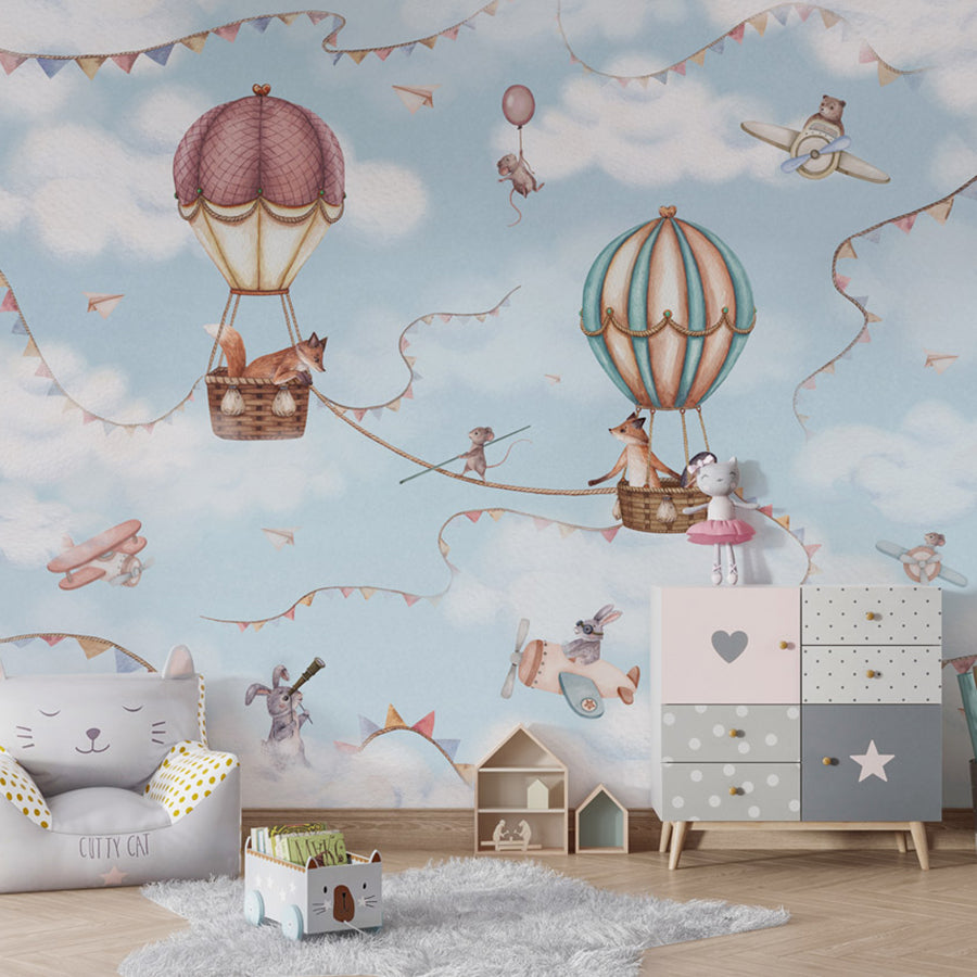 Aviation Adventure wallpaper mural shown in a children's bedroom armchair