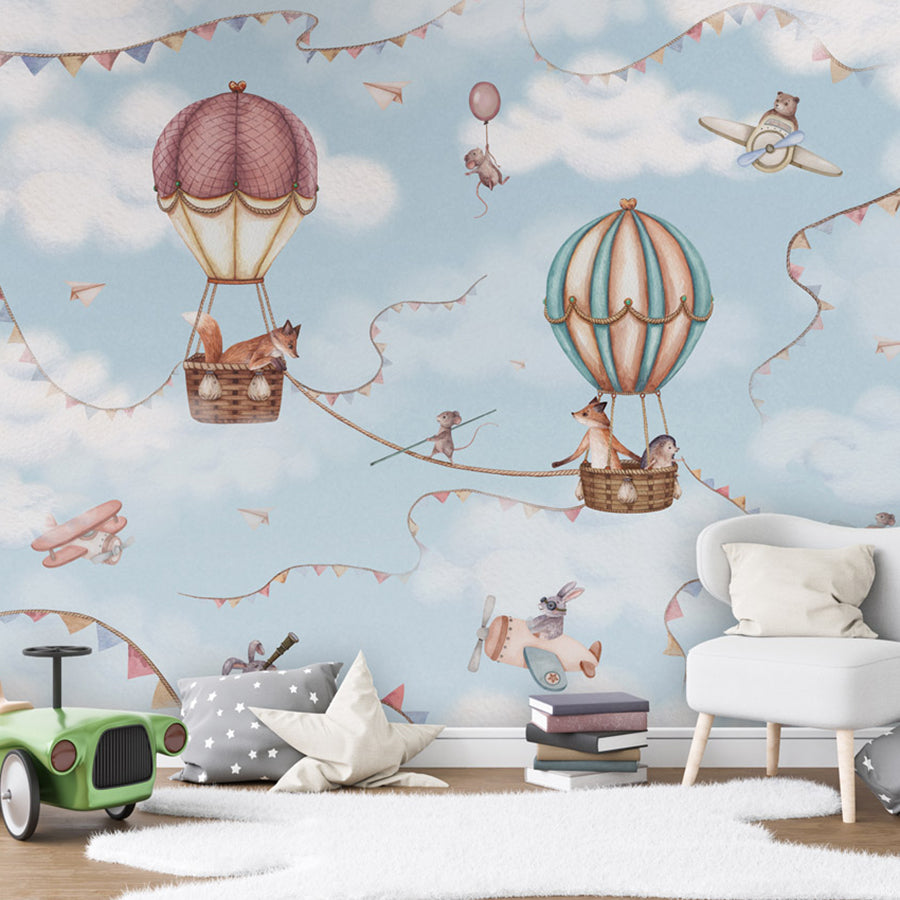 Aviation Adventure wallpaper mural shown in a children's bedroom toy car