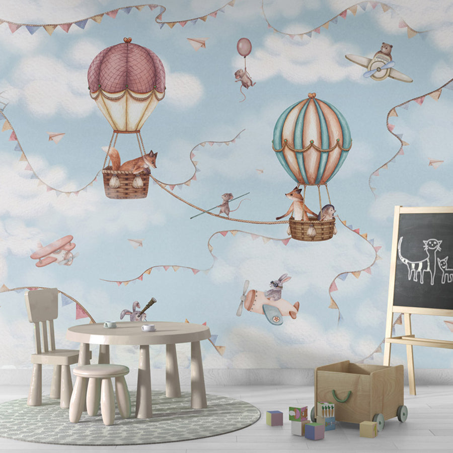 Aviation Adventure wallpaper mural shown in a children's playroom chalkboard