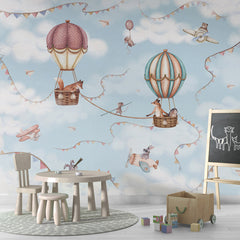 Aviation Adventure wallpaper mural shown in a children's playroom chalkboard
