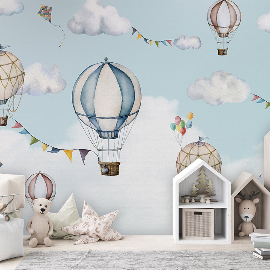 Balloon Bonanza wallpaper mural shown in a children's bedroom house shelves