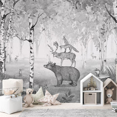 Bear King – Black & White wallpaper mural in a children’s playroom