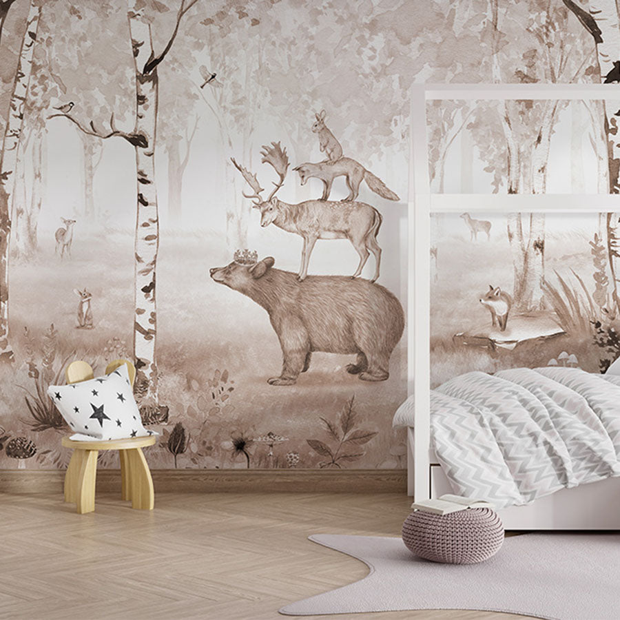 Bear King Brown woodland wallpaper mural in a children’s bedroom with a house bed