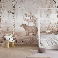 Bear King Brown woodland wallpaper mural in a children’s bedroom with a house bed
