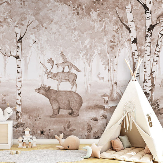 Bear King Brown woodland wallpaper mural in a children’s playroom with a tipi