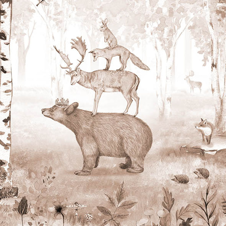 Close-up of the Bear King Brown woodland wallpaper mural with illustrated forest animals;Bear King Brown woodland wallpaper mural in a children’s bedroom with a house bed