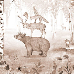 Close-up of the Bear King Brown woodland wallpaper mural with illustrated forest animals;Bear King Brown woodland wallpaper mural in a children’s bedroom with a house bed