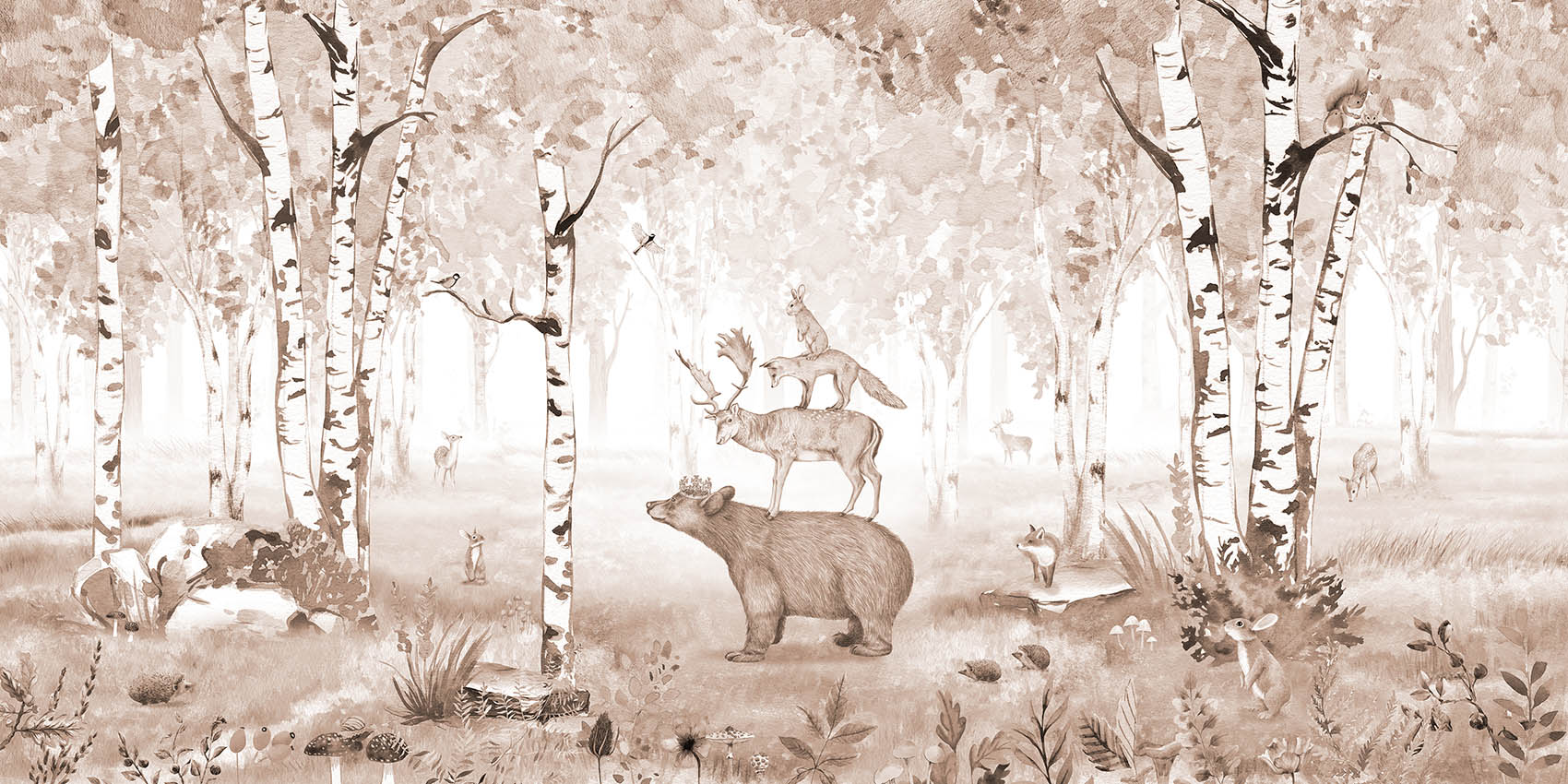 Bear King Brown woodland wallpaper mural featuring a bear, deer, foxes and forest animals