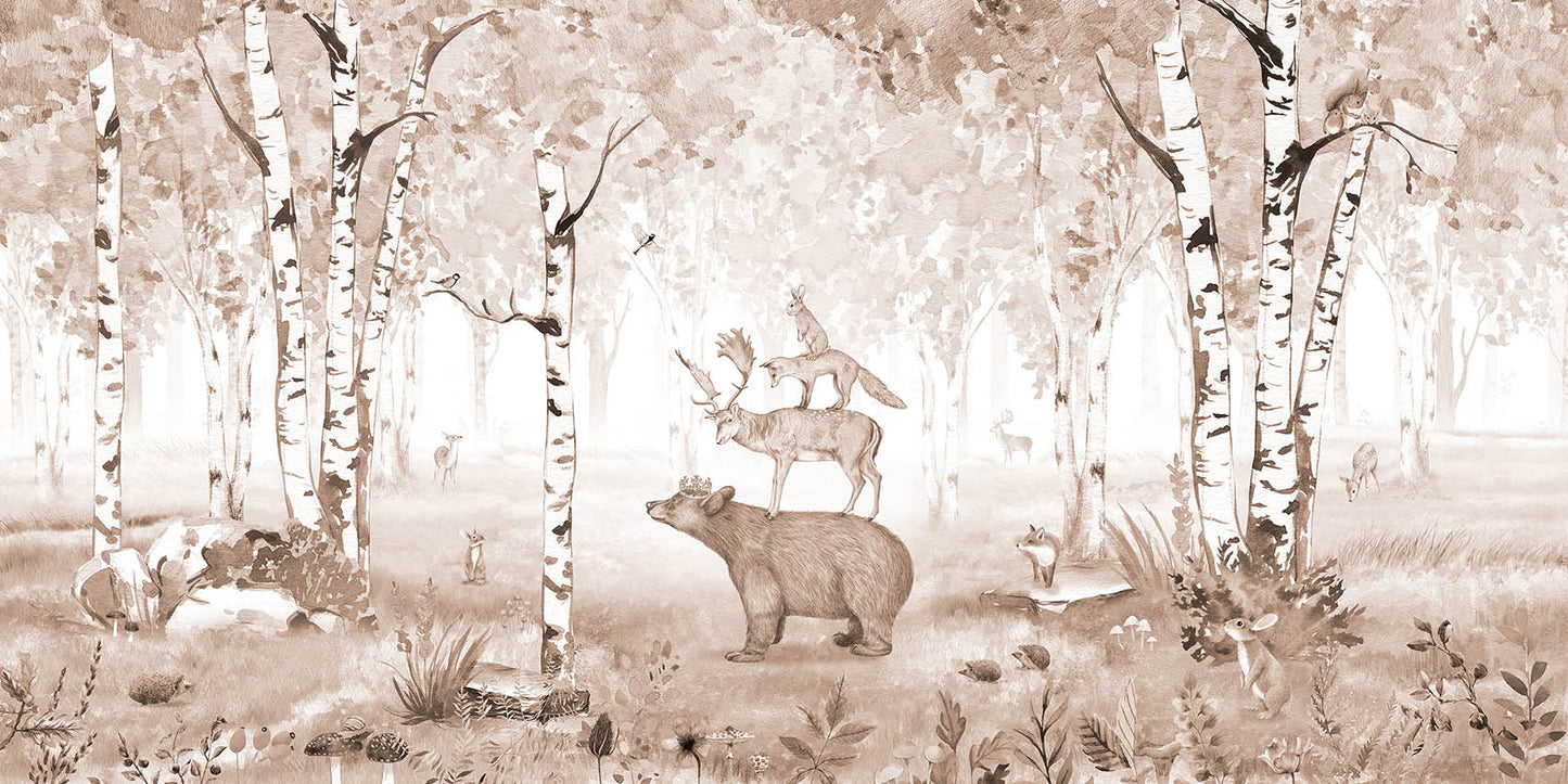 Bear King Brown woodland wallpaper mural featuring a bear, deer, foxes and forest animals