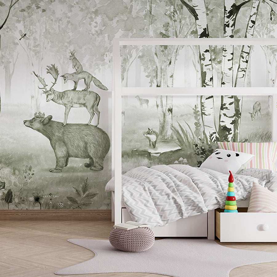 Bear King – Green wallpaper mural in a children’s bedroom house bed