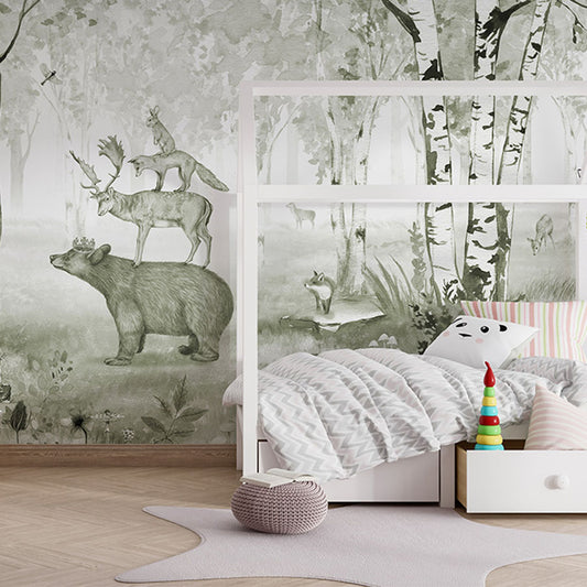 Bear King – Green wallpaper mural in a children’s bedroom house bed
