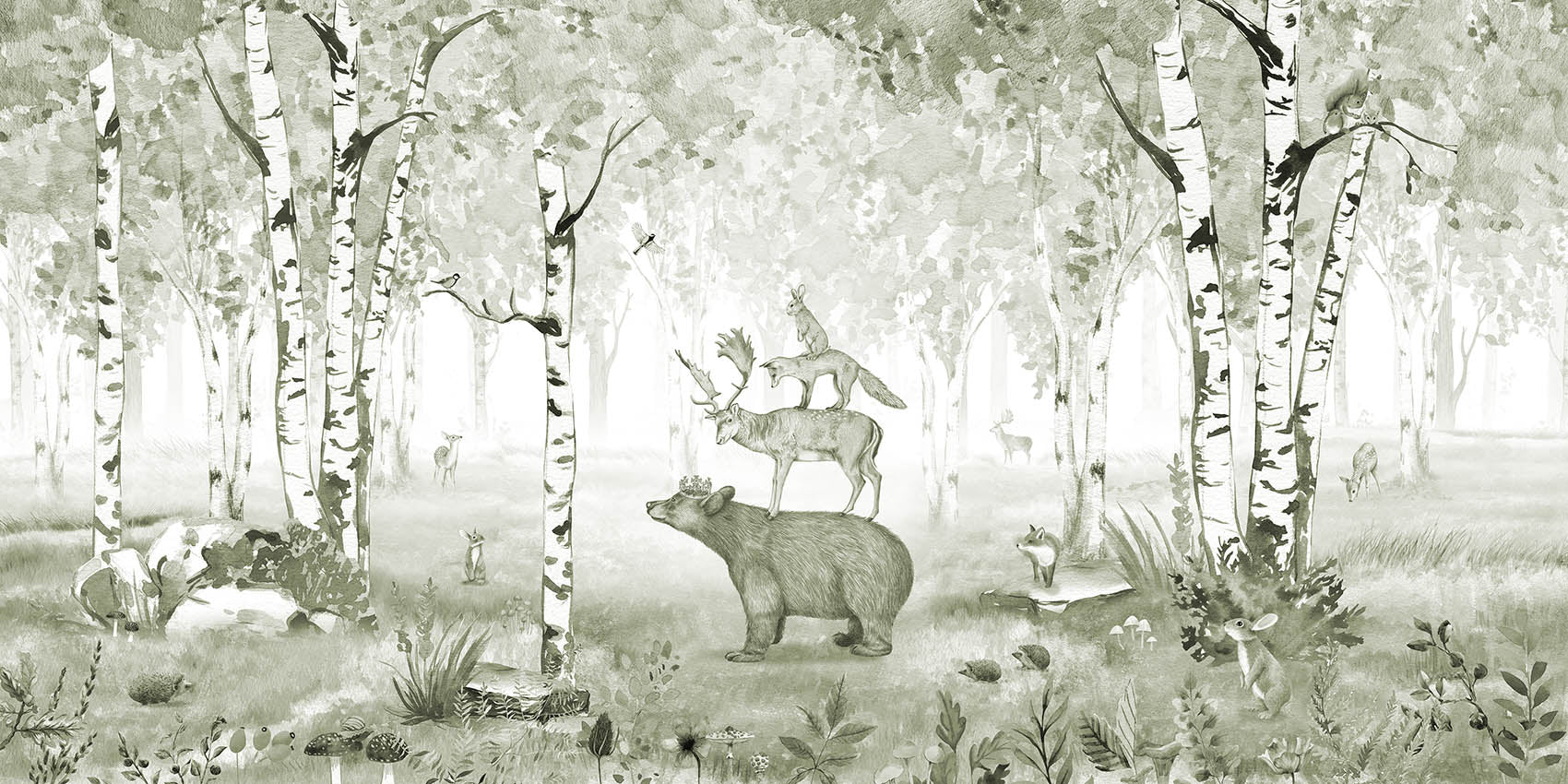 Bear King – Green wallpaper mural by Kikki Belle
