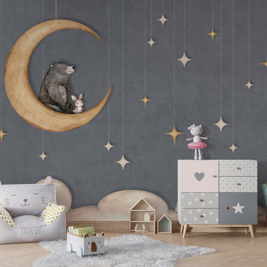 Bear on the Moon – Blue wallpaper mural shown in a children's bedroom armchair