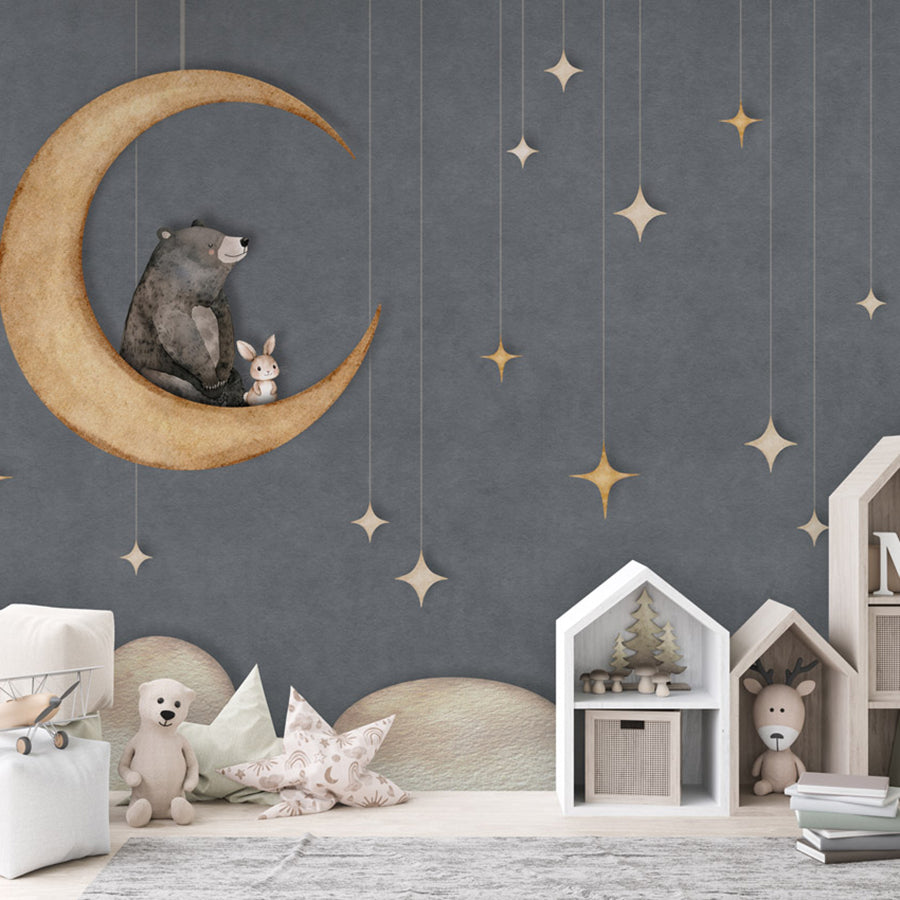 Bear on the Moon – Blue wallpaper mural shown in a children's bedroom house shelves
