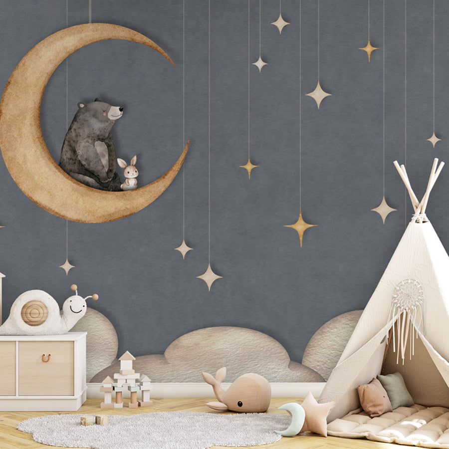 Bear on the Moon – Blue wallpaper mural shown in a children's bedroom teepee