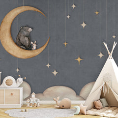Bear on the Moon – Blue wallpaper mural shown in a children's bedroom teepee