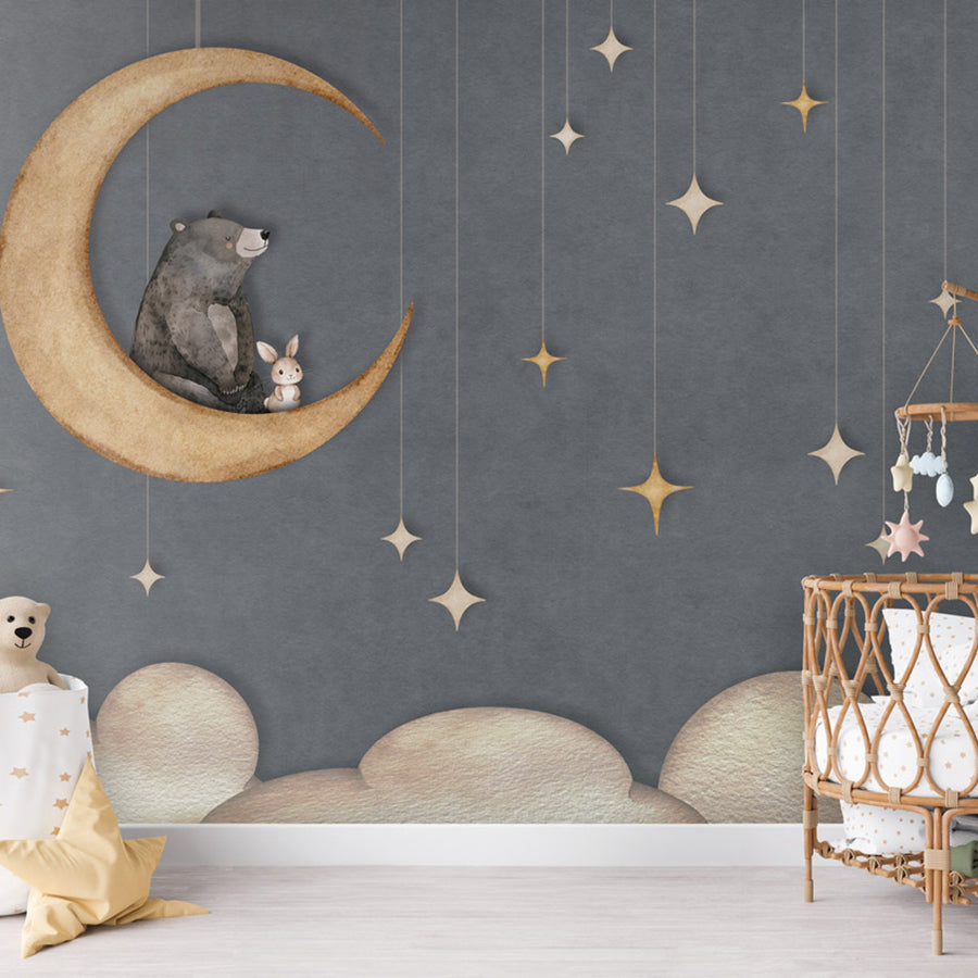 Bear on the Moon – Blue wallpaper mural shown in a children's nursery crib
