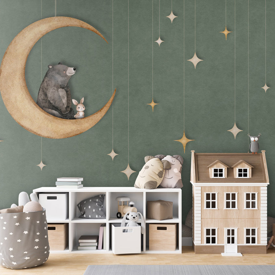 Bear on the Moon – Green wallpaper mural shown in a children's bedroom dolls house