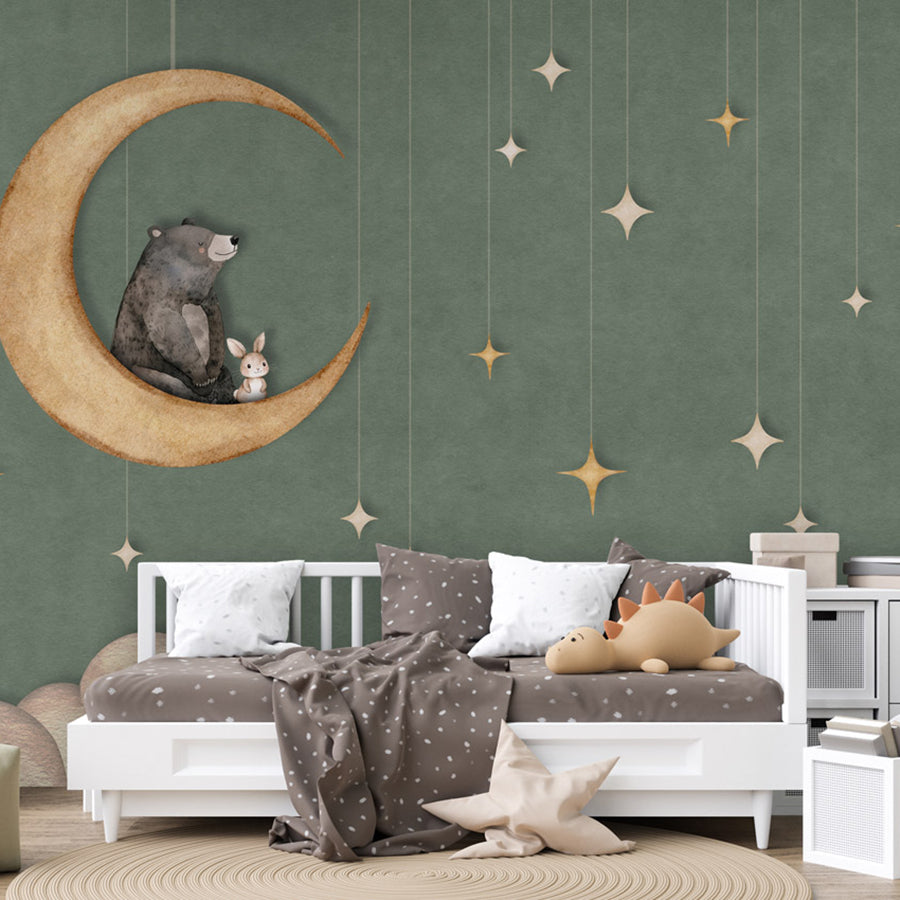 Bear on the Moon – Green wallpaper mural shown in a children's bedroom sofa