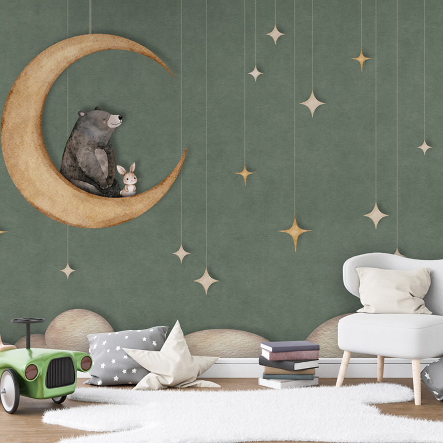 Bear on the Moon – Green wallpaper mural shown in a children's bedroom toy car