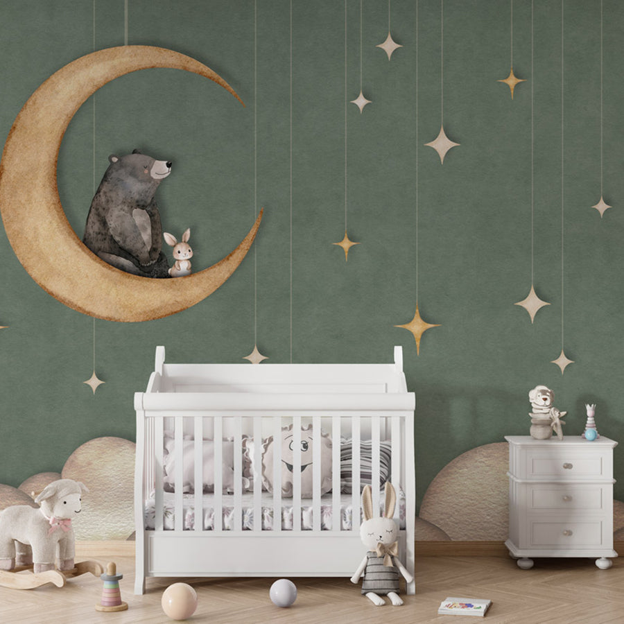 Bear on the Moon – Green wallpaper mural shown in a children's nursery crib