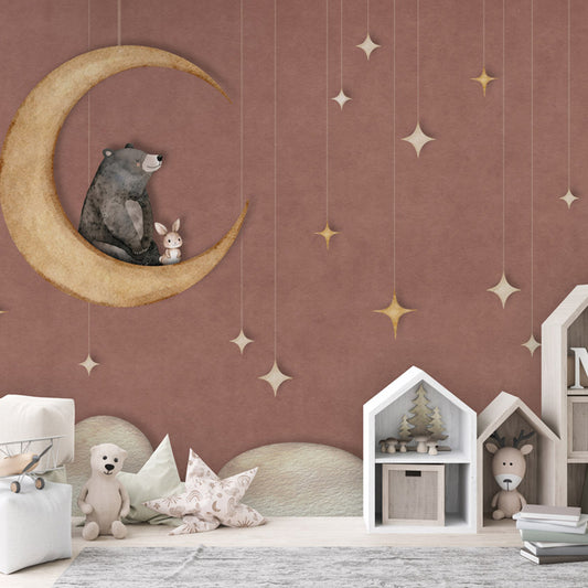 Bear on the Moon – Red wallpaper mural shown in a children's bedroom house shelves