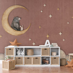 Bear on the Moon – Red wallpaper mural shown in a children's bedroom storage unit