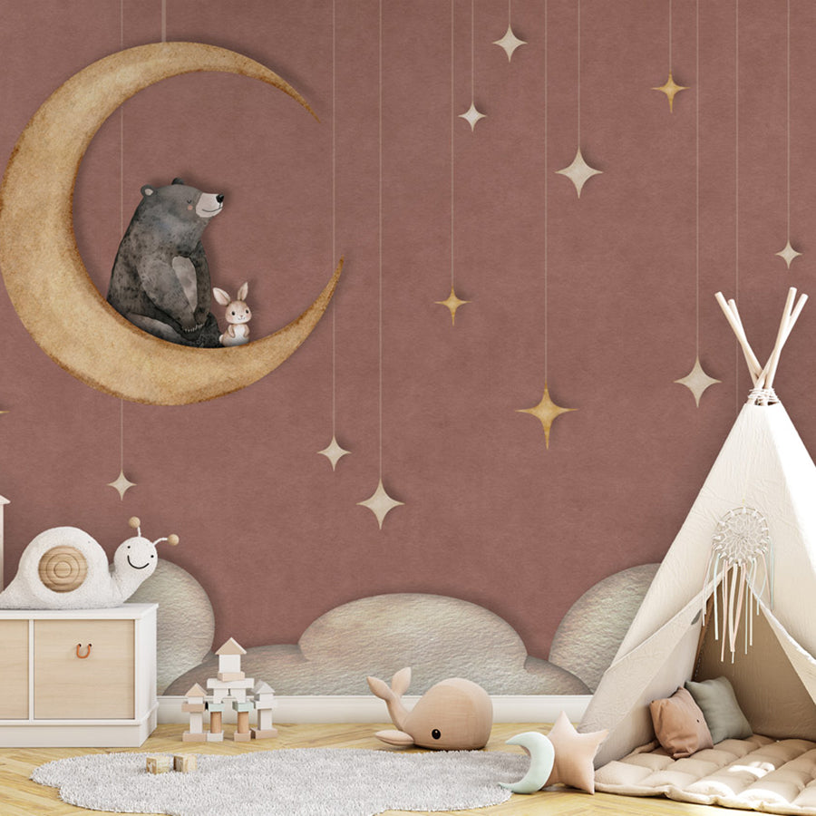 Bear on the Moon – Red wallpaper mural shown in a children's bedroom teepee