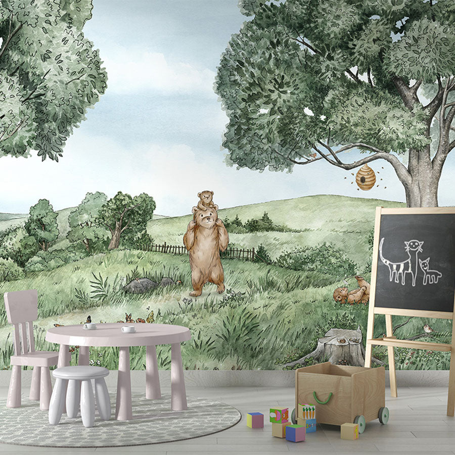 Bears and Bees wallpaper mural in a children’s playroom school board