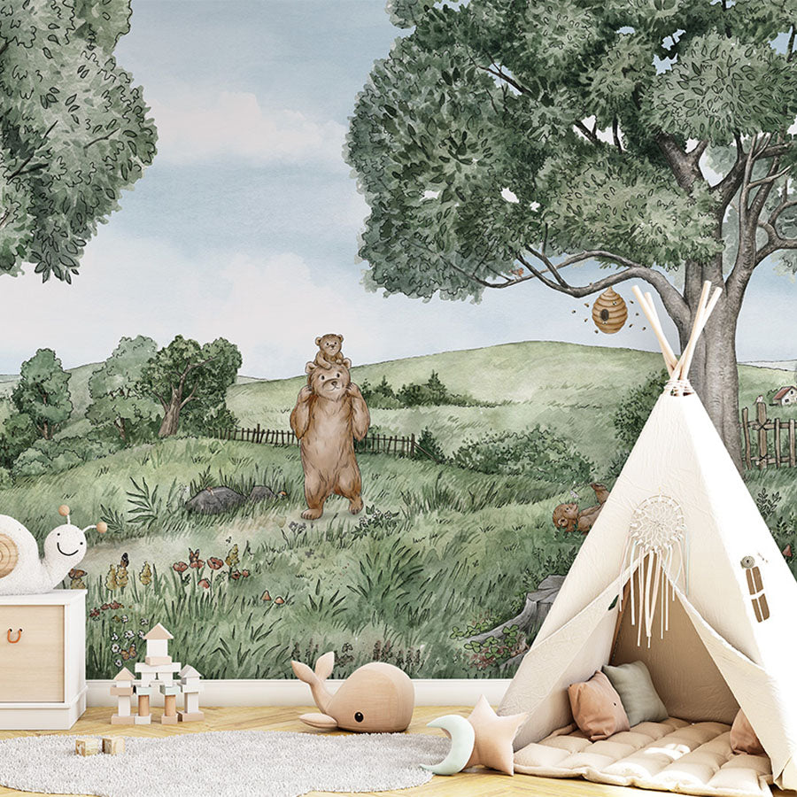 Bears and Bees wallpaper mural in a children’s playroom tipi