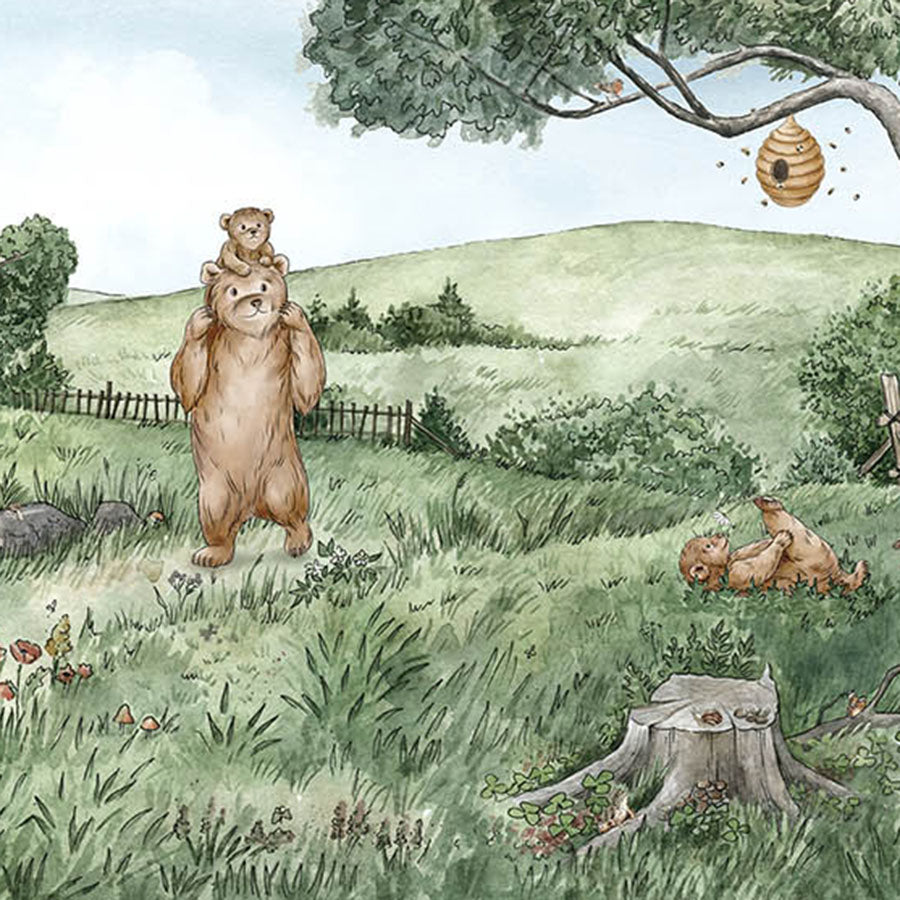 Close-up of the Bears and Bees wallpaper mural