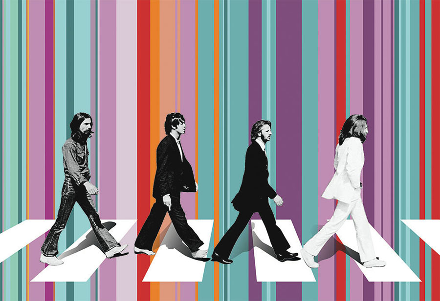 The Beatles Abbey Road colourful striped wallpaper mural design