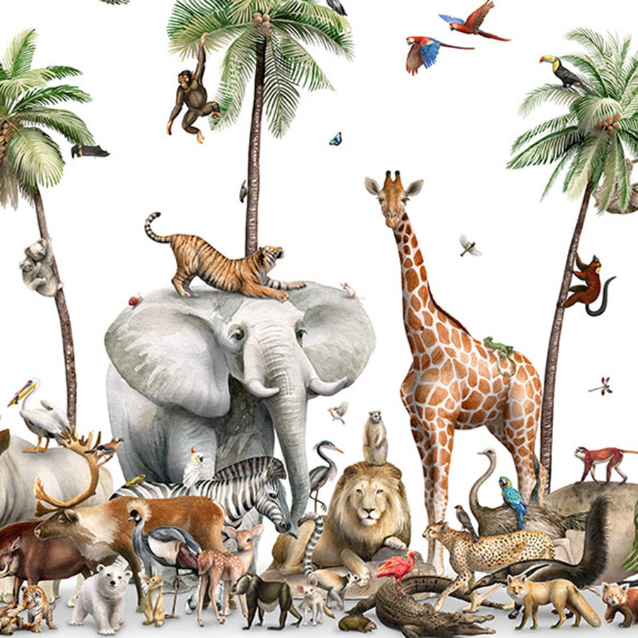 Close-up of the Beautiful Biodiversity wallpaper mural featuring elephants, giraffes, lions and other wildlife