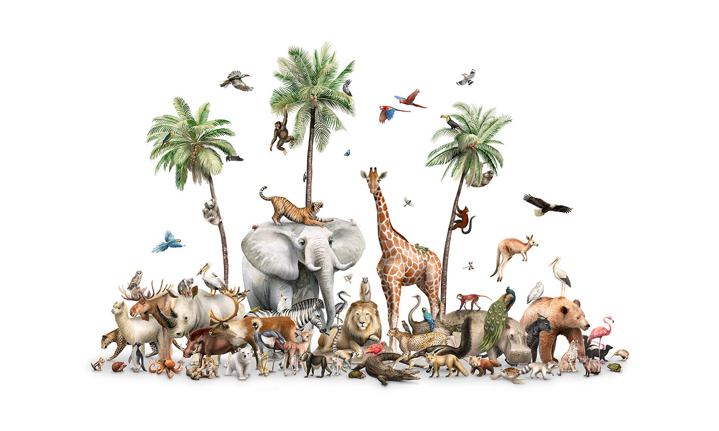 Beautiful Biodiversity wallpaper mural by Kikki Belle featuring elephants, giraffes, lions and other wildlife