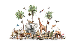 Beautiful Biodiversity wallpaper mural by Kikki Belle featuring elephants, giraffes, lions and other wildlife