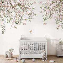 Blooming Blossom wallpaper mural in a nursery cot