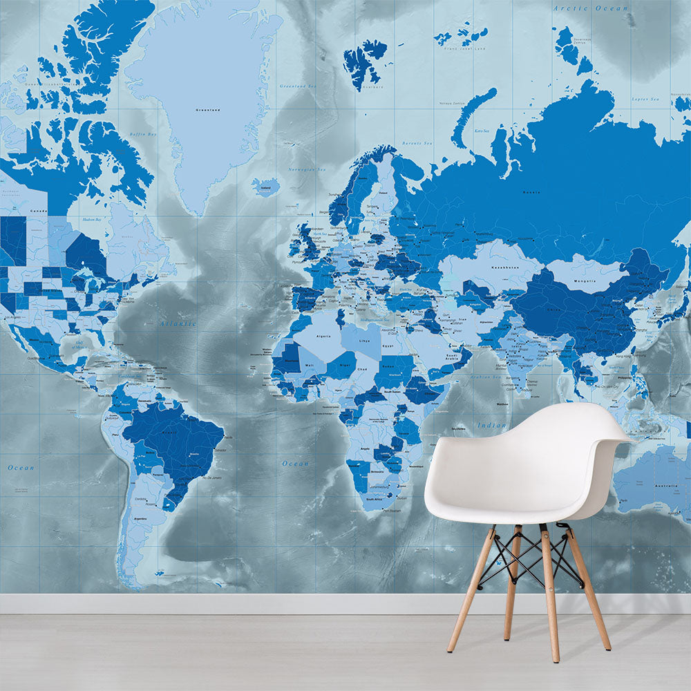 Blue meridian world map wallpaper in a room setting