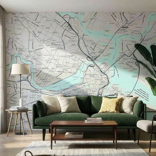 Custom Boston, USA map wallpaper mural design in grey and charcoal with soft blue water details.
