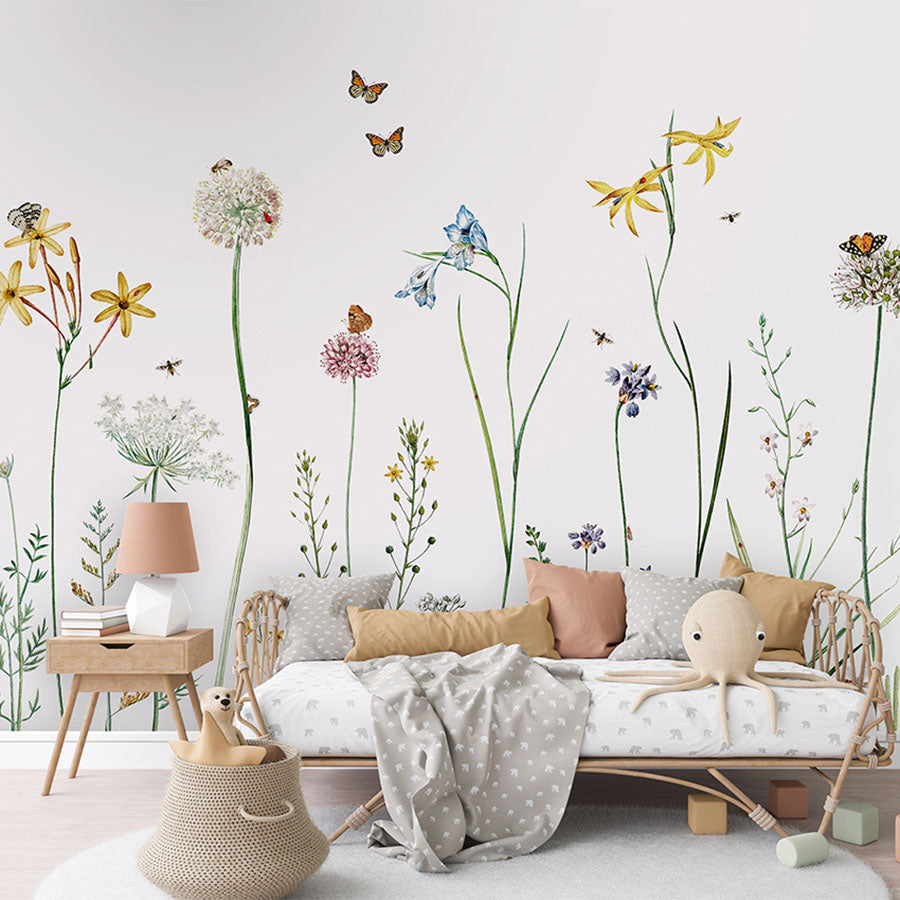 Butterfly Garden wallpaper mural in a children’s playroom couch