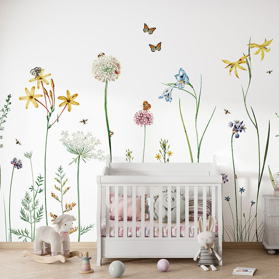 Butterfly Garden wallpaper mural in a nursery cot
