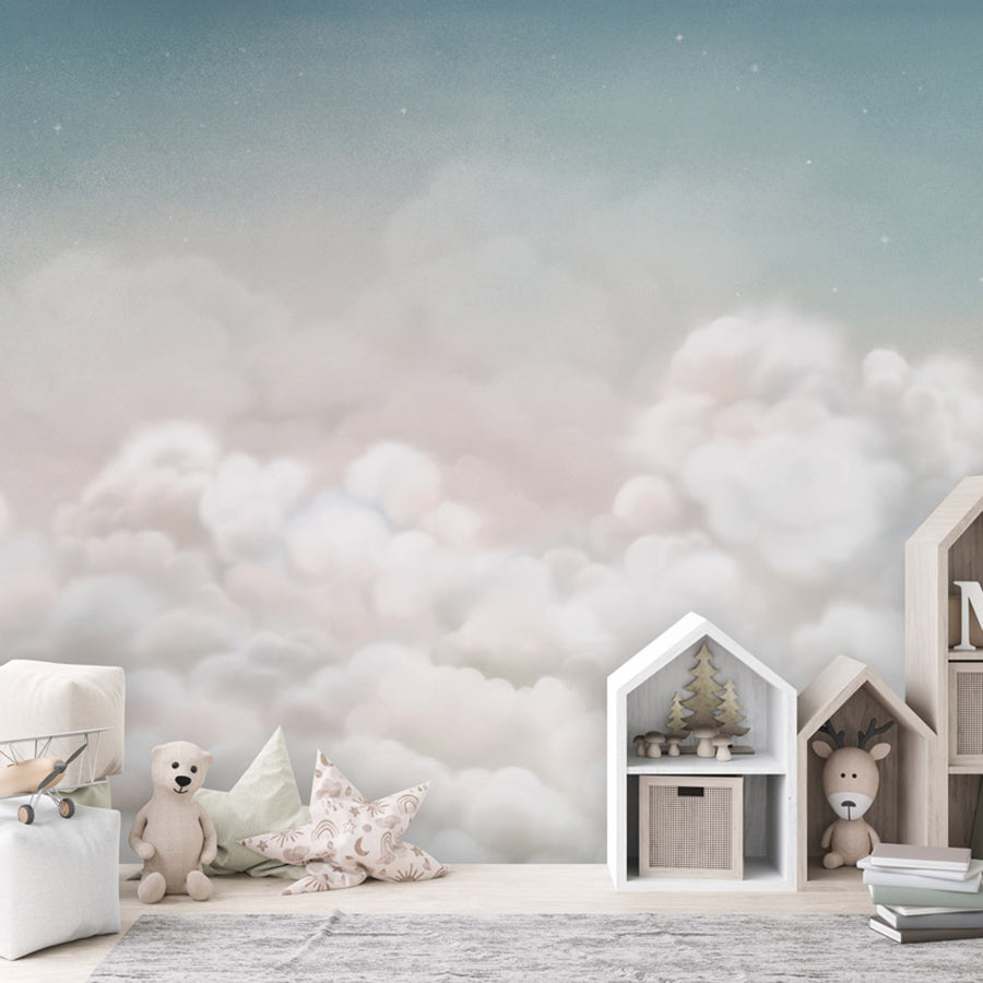 Calming Clouds – Blue wallpaper mural shown in a children's bedroom house shelves