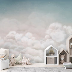 Calming Clouds – Blue wallpaper mural shown in a children's bedroom house shelves