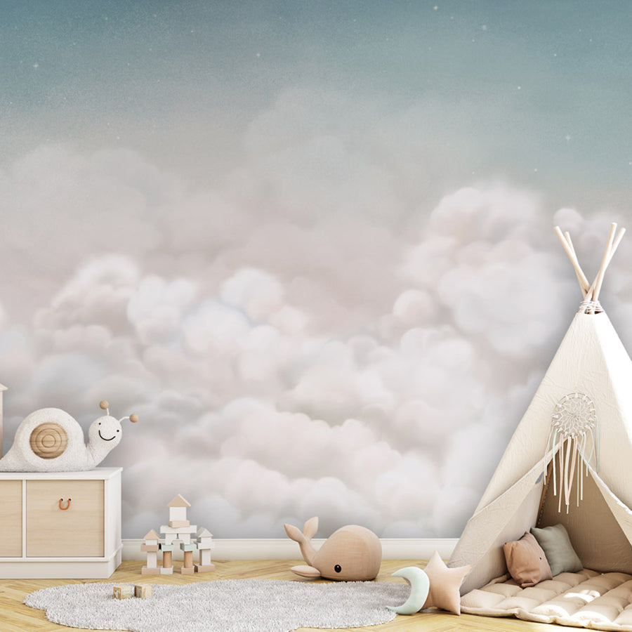 Calming Clouds – Blue wallpaper mural shown in a children's bedroom teepee
