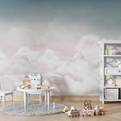 Calming Clouds – Blue wallpaper mural shown in a children's playroom table
