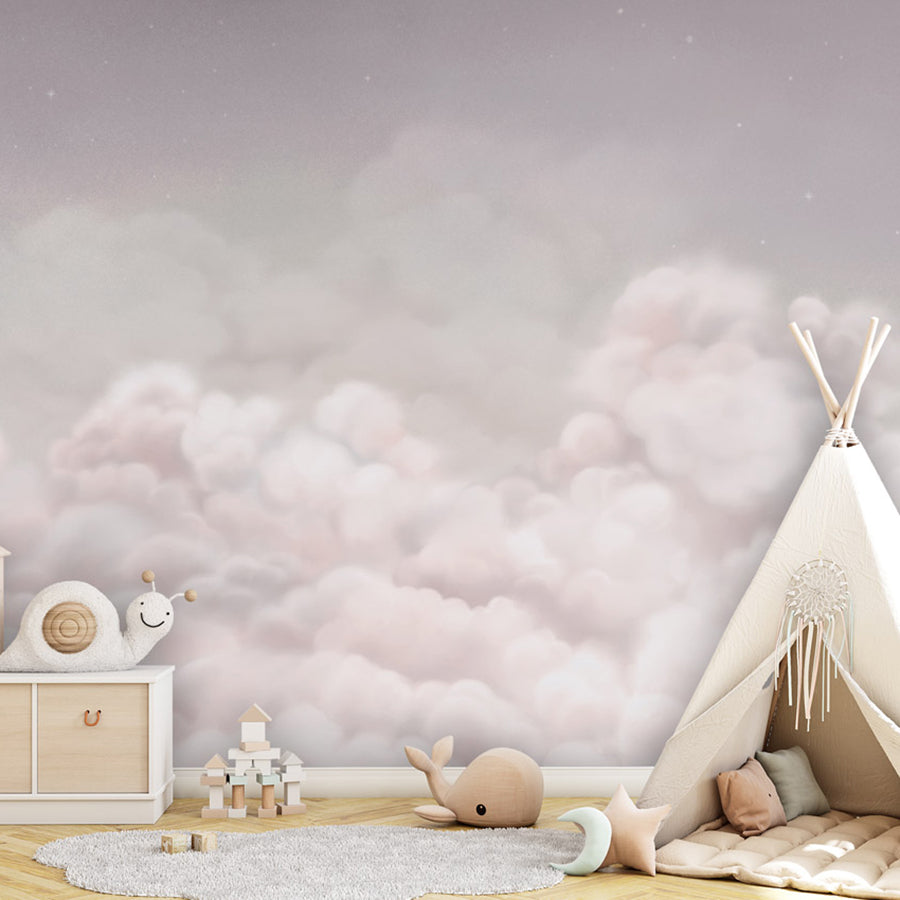 Calming Clouds – Pink wallpaper mural shown in a children's bedroom teepee