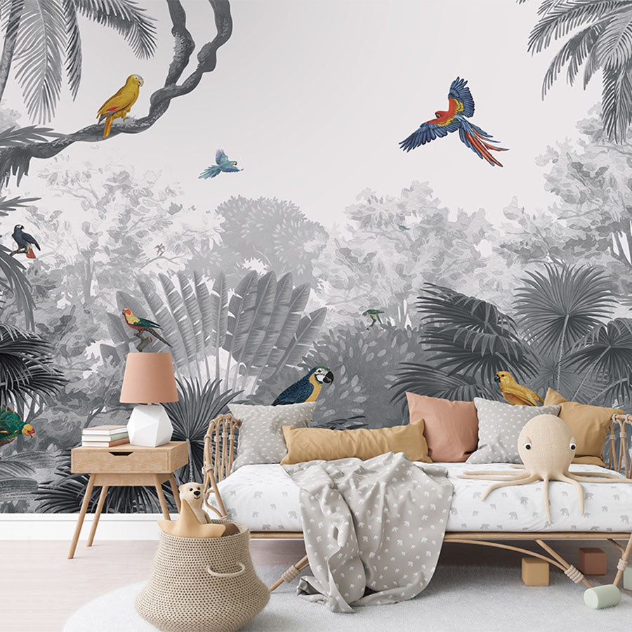 Canopy Jungle – Black & White wallpaper mural in a children’s playroom